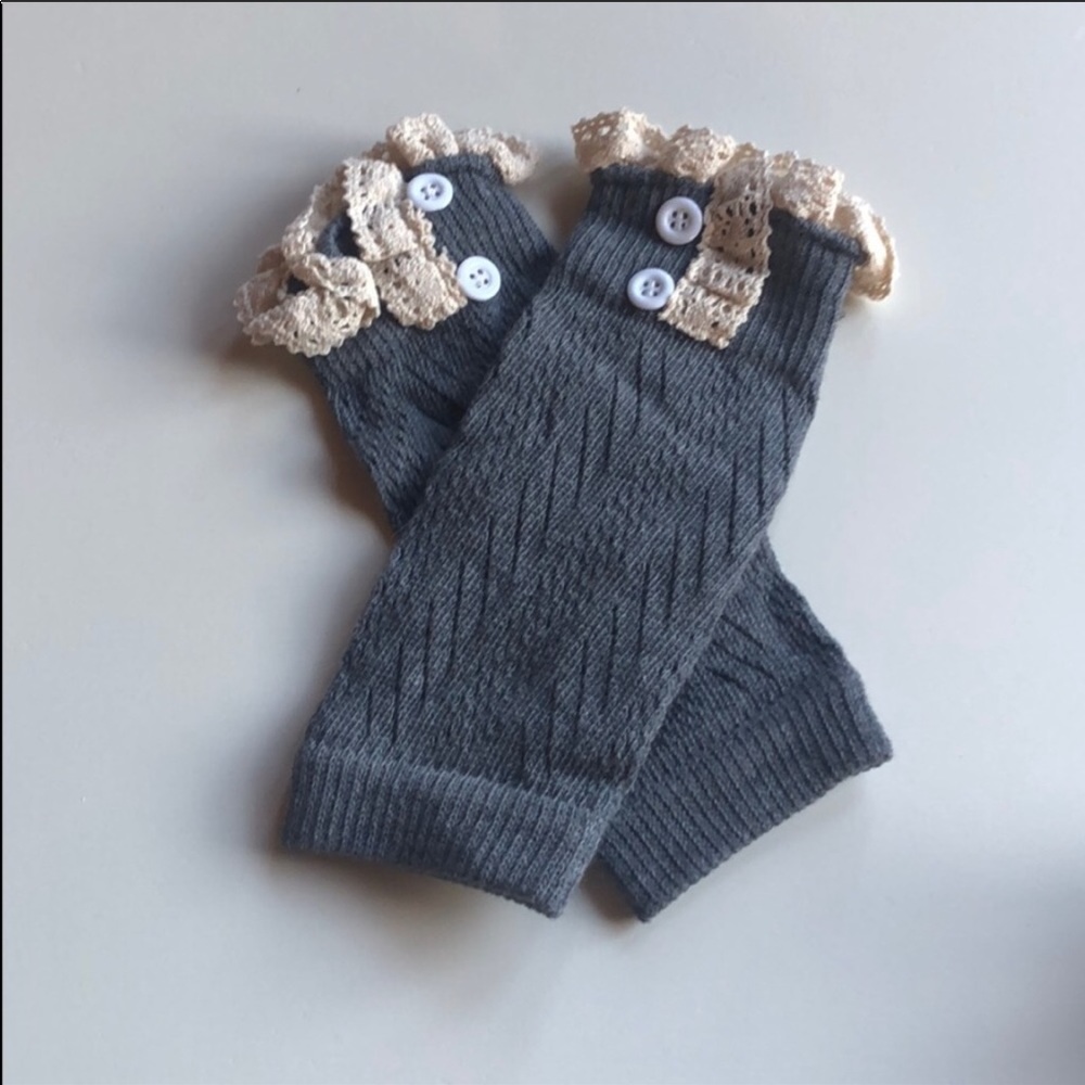 Girls Charcoal Pointelle Knit Lace Boot Cuffs